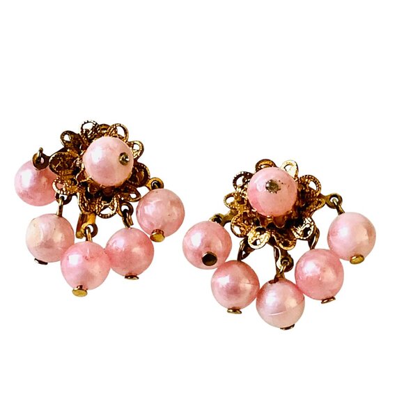 Mid Century Screw Back Earrings Pink Beads Cluster Goldtone Metal Dangling - Picture 8 of 11